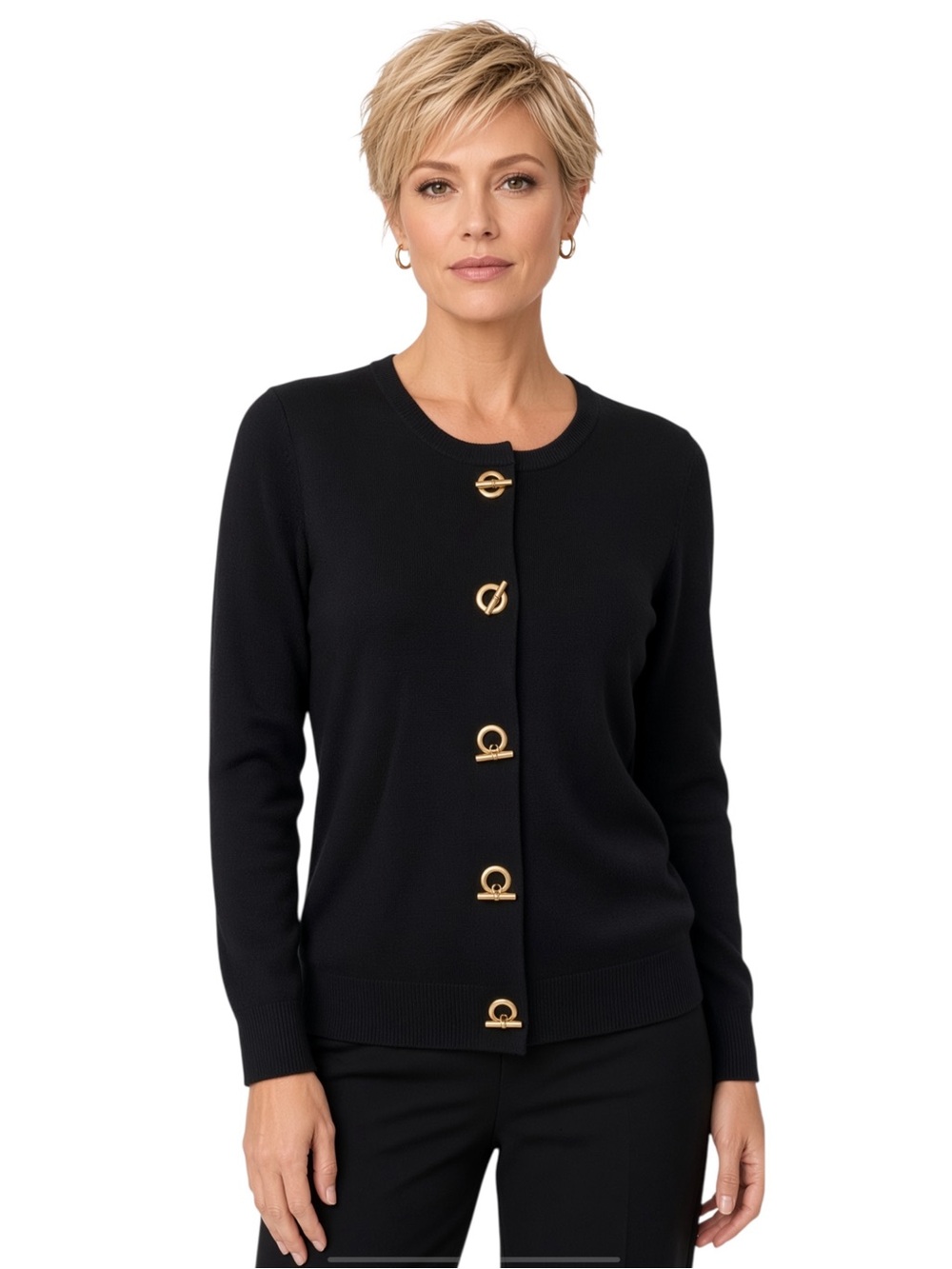 Ellen Tracy black sweater with gold tone toggle closure.